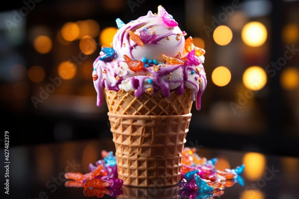 Fototapeta Delicious creamy icecream, ice cream scoops in waffle cones on colored background