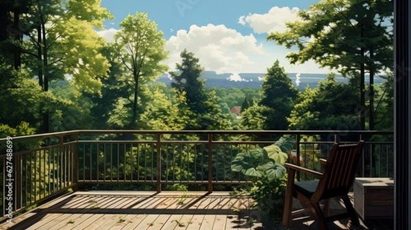 Fototapeta Balcony overlooking the spruce forest, sunny day. Generative AI