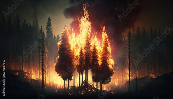 Fototapeta burning fire in the forest. Generative AI