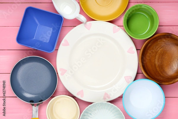 Fototapeta Different tableware on wooden background