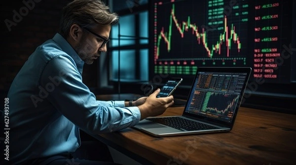 Fototapeta businessman works on a computer of graphs and financial data