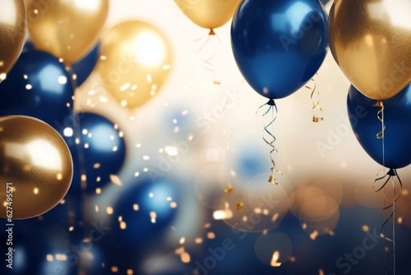 Fototapeta Celebration with an arrangement of blue and gold colorful balloons, Generative AI