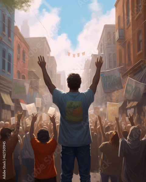 Obraz In the middle of a crowded street a man raises his hands towards the sky in a gesture of empowerment. He wears an I Vote tshirt and .
