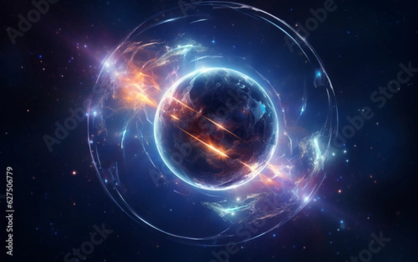 Fototapeta Glowing spaceship orbits sphere in deep space