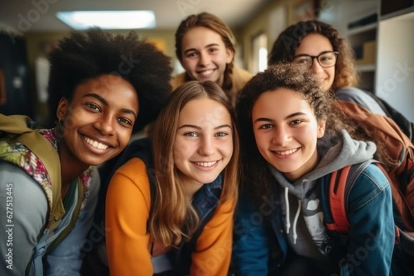 Obraz A group of teenagers with backpacks in happy style back to school
