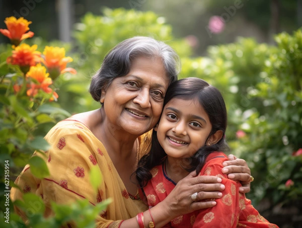 Fototapeta Portrait of an Indian grandmother and young granddaughter in a flower garden, close together and smiling at the camera. Illustration created with Generative AI technology.