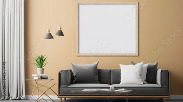 Fototapeta Mock up paintings in a minimalist and simple living room. Blank pictures in living rooms.