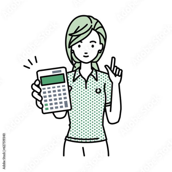 Fototapeta 立って電卓を持ってこちらに向けて見せているポロシャツの女性
