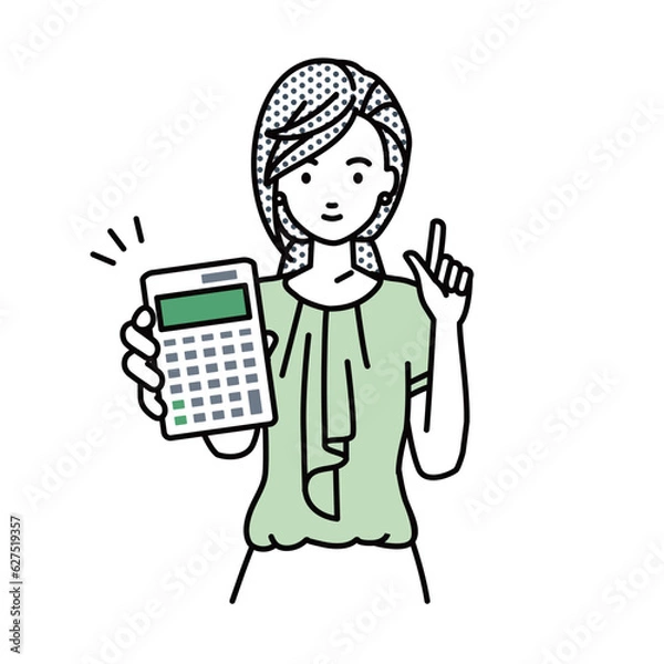 Fototapeta 立って電卓を持ってこちらに向けて見せているオフィスカジュアルの女性