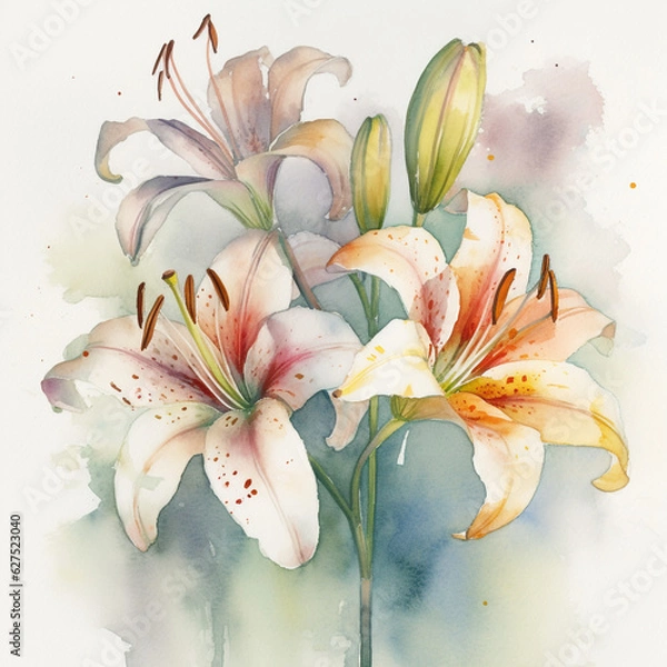 Fototapeta Watercolor lillies bunched together in a boquet neat painting with watercolour splashes and blending design AI generative technology 