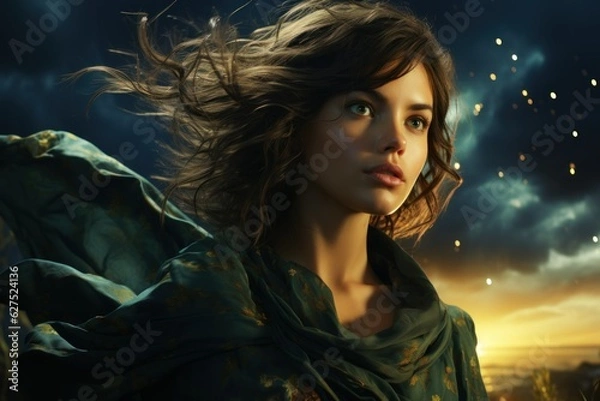 Fototapeta Ethereal portrait of a beautiful fictional young woman with colorful multicolored background. Generative AI digital illustration.