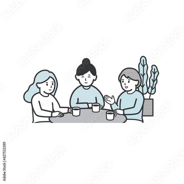 Obraz カフェでおしゃべりを楽しむ女性達のイラスト