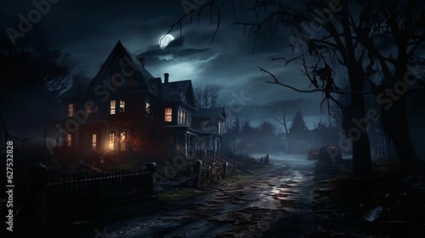 Fototapeta Gothic Majesty: A Haunting Victorian Mansion Amidst Ominous Darkness. Captivating Gothic Architecture with EerieTrees.
