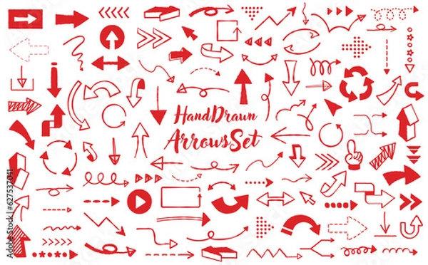 Fototapeta おしゃれインクペン手描きの矢印・アローベクターアイコン素材セット_赤色_背景透過