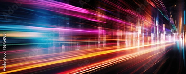 Fototapeta Long exposure of car lights at night on city streets. Generative AI