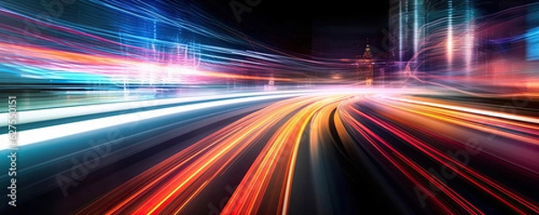 Fototapeta Long exposure of car lights at night on city streets. Generative AI