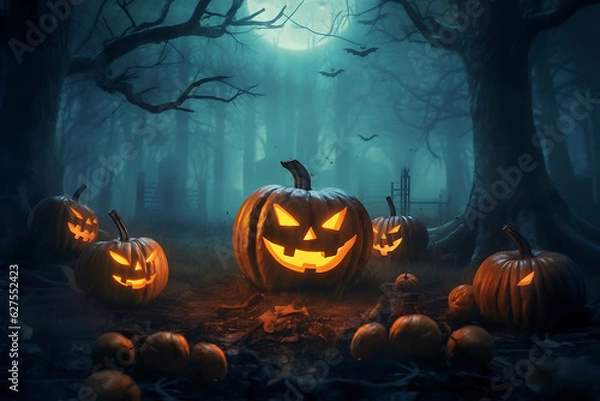 Obraz Halloween background with Jack o Lantern pumpkins in the spooky forest at night with copy space.