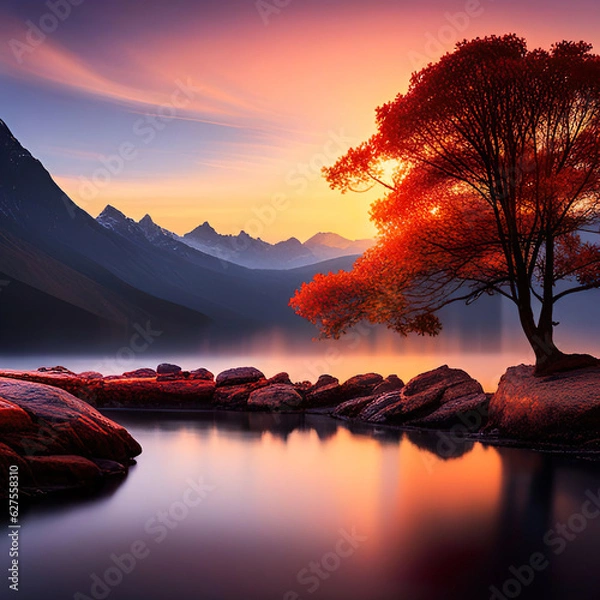 Obraz Sunset lake. 
Generative AI