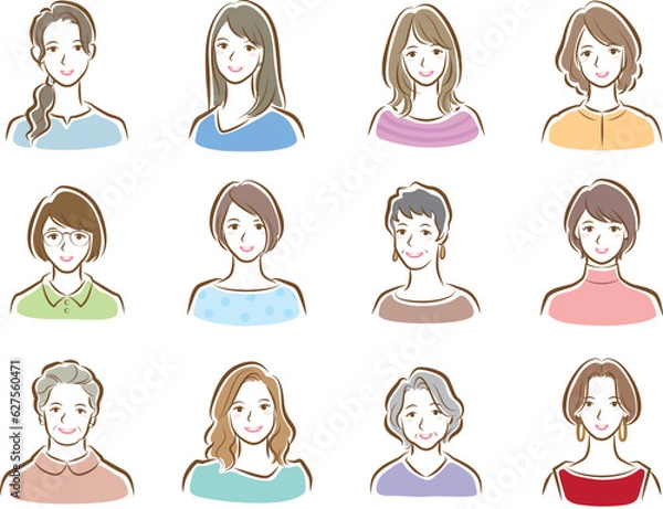 Obraz 様々な女性の顔のイラスト.