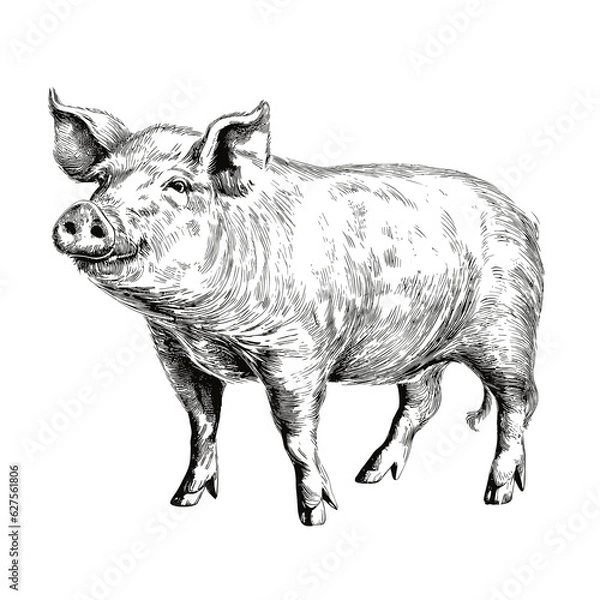 Fototapeta black and white pig isolated, hand drawn ink illustration, domestic farm animal, png drawing in the style of engraving, ink art created with generative AI, transparent background