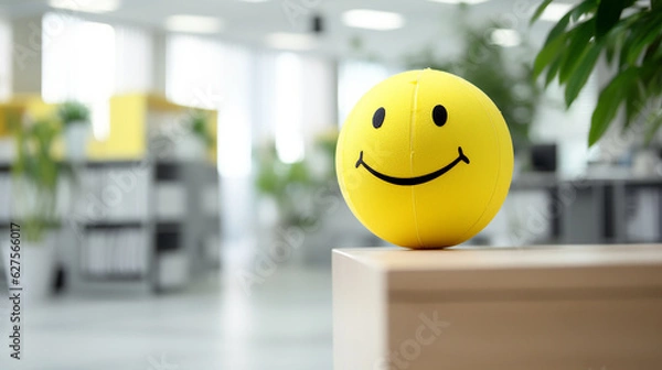 Fototapeta Positivity in the workplace demonstrated by a yellow smiling ball in the office interior, promoting a positive work environment and inspiring corporate culture.,generative AI