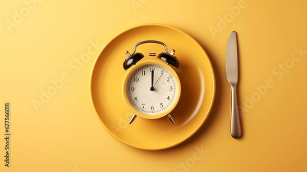 Fototapeta Concept of intermittent fasting, showing an empty plate and a clock. The practice of eating within specific time frames to promote better health and weight management.,generative AI