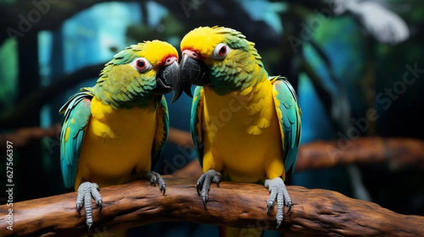 Fototapeta Macaw  on a Branch playing fun, happy ultra detail virtual reality forest.,generative AI