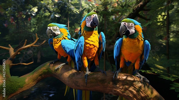 Fototapeta Macaw  on a Branch playing fun, happy ultra detail virtual reality forest.,generative AI