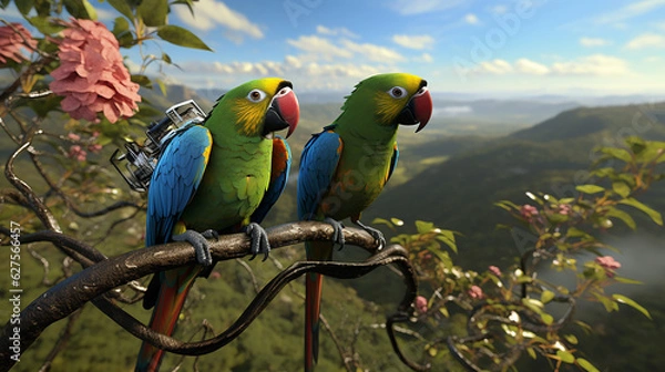 Fototapeta Macaw  on a Branch playing fun, happy ultra detail virtual reality forest.,generative AI