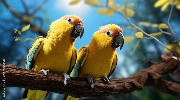 Fototapeta Macaw  on a Branch playing fun, happy ultra detail virtual reality forest.,generative AI