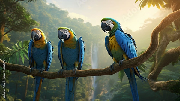 Fototapeta Macaw  on a Branch playing fun, happy ultra detail virtual reality forest.,generative AI