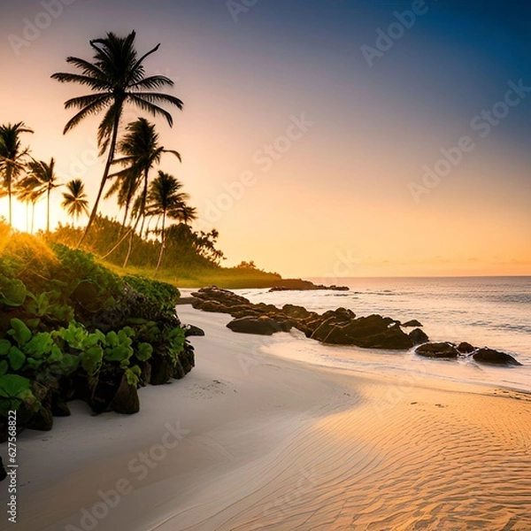 Fototapeta A beach illuminated by the sunset.
Generative AI