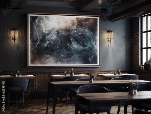Fototapeta Artistic Display in Industrial Modern Restaurant, Focused on Framed Artwork, Perfect for Interior Design Inspiration. Generative AI