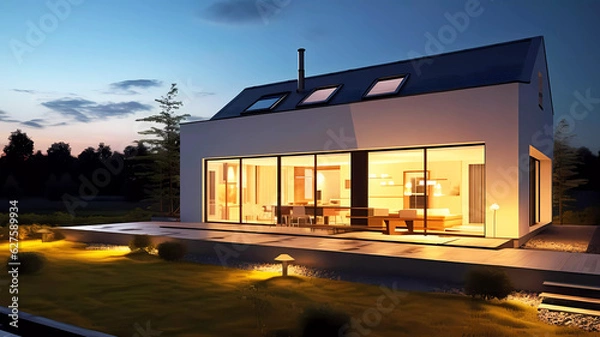 Fototapeta Modern house with garden at night with lights. Generative ai design.