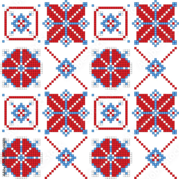Fototapeta Cross-Stitch EmbroideriedSeamless Pattern with Ornate Element. Ethnic Motif, Handmade Stylization. Traditional Ukrainian Red and Blue Embroidery. Ethnic Design Element. Vector 3d Illustration