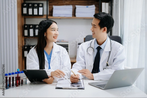 Fototapeta Medical technology network team meeting concept. Asian Doctor hand working with smart phone modern digital tablet and laptop computer with graphics chart interface,