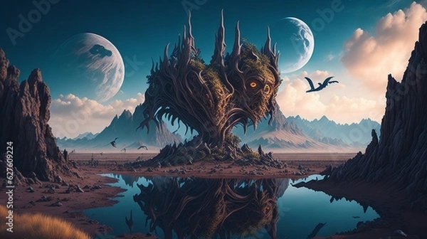 Fototapeta Barren landscape with red rocks and river