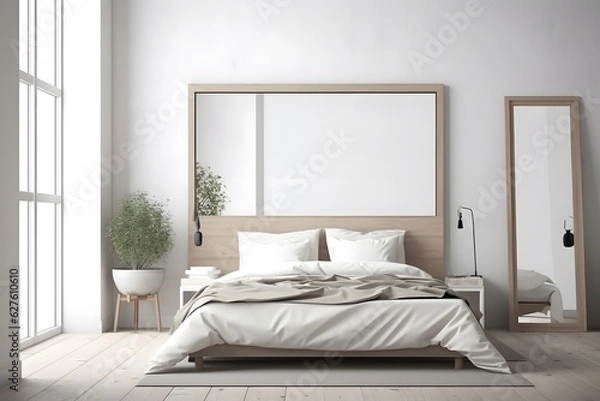 Fototapeta Contemporary bedroom with a spacious white wall and an empty frame mockup, inviting creativity and customization. Generative AI