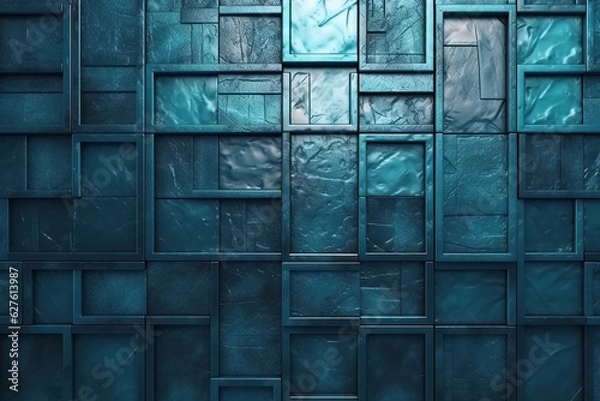 Fototapeta 3D Render of Polished Blue Patina Tile Wallpaper with Rectangular Blocks for a Stunning Wall Background