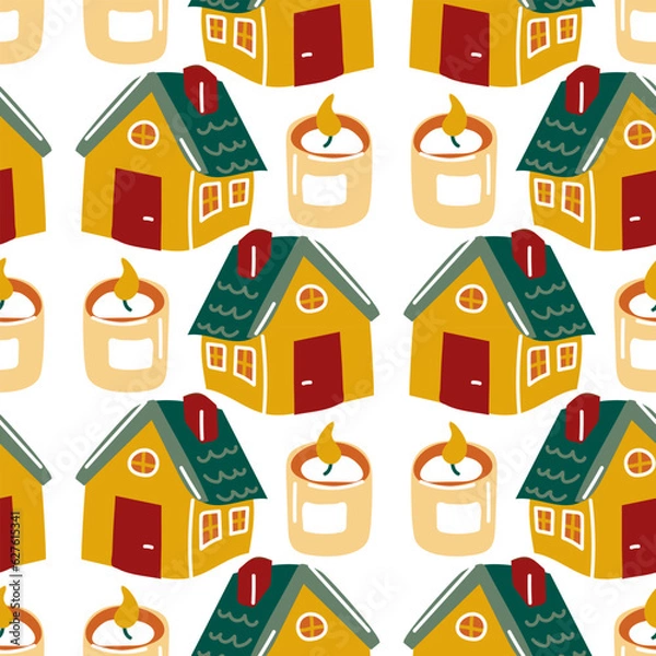 Obraz Seamless pattern with cartoon cozy candles and a small house in retro style. Cozy background. Vector printing on fabric and wallpaper. Cute homemade relaxing motif. Autumn packaging