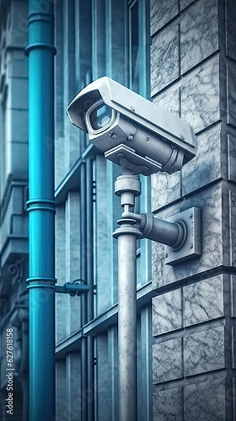 Fototapeta Close up of CCTV camera on the office building. Professional security camera on the wall in the city. Security system technology. Generative AI