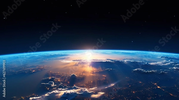 Fototapeta Panoramic view on planet Earth globe from space. Glowing city lights, light clouds. Generative AI