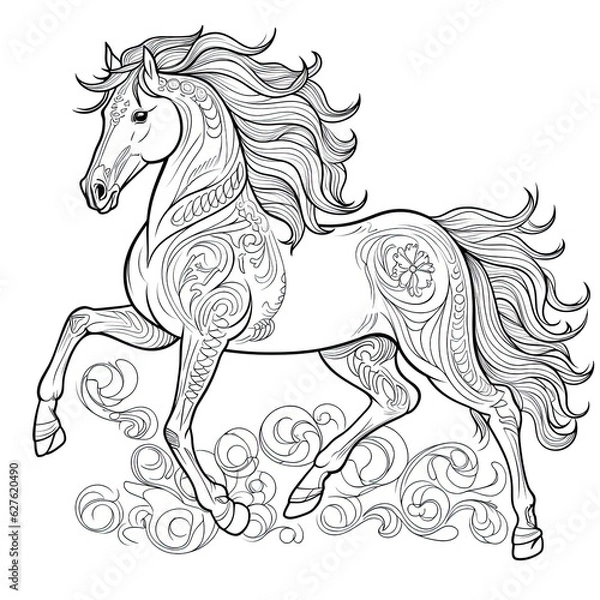 Fototapeta Pony horse animal line art illustration. Black and white coloring page style art. Generative AI