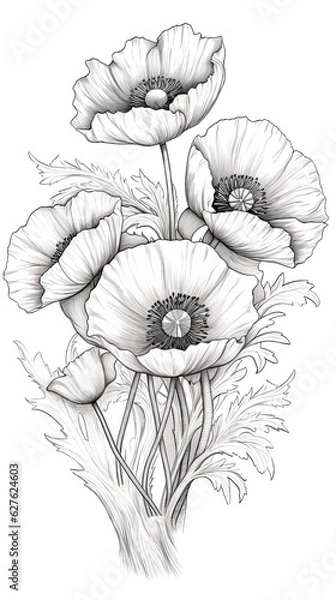Obraz Cute Poppy flower in coloring page style illustration. Line art painting. Generative AI