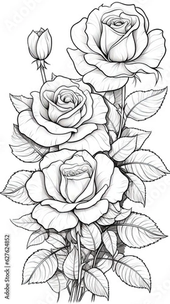 Fototapeta Cute Rose flower in coloring page style illustration. Line art painting. Generative AI