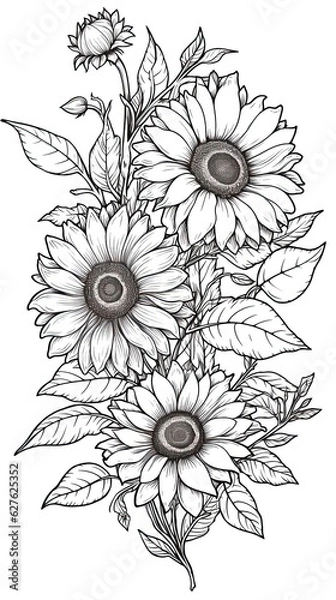 Fototapeta Cute Sunflower flower in coloring page style illustration. Line art painting. Generative AI