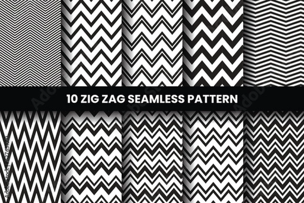 Fototapeta 10 zig zag seamless pattern collection, seamless black and white vector pattern with zig zag waves