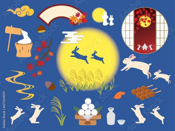 Fototapeta 秋　お月見　うさぎ　背景
