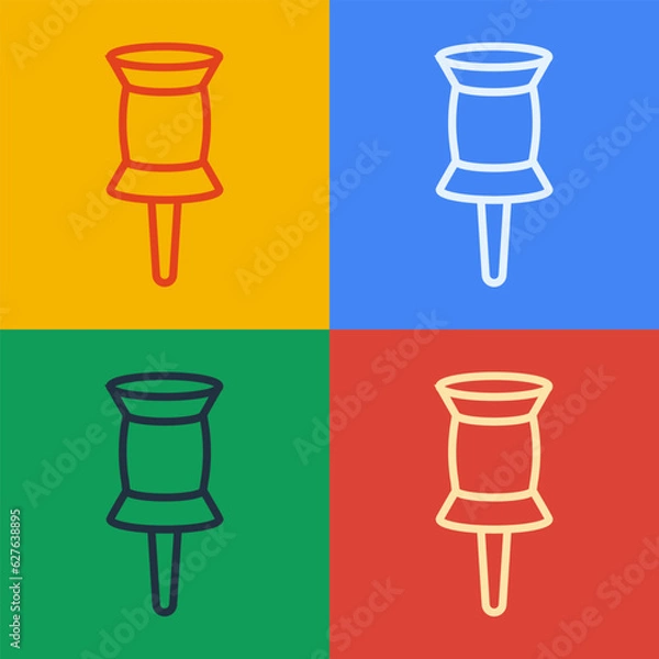 Fototapeta Pop art line Push pin icon isolated on color background. Thumbtacks sign. Vector