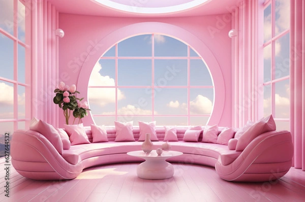 Obraz barbiecore. Pink interior. pink world. panoramic windows